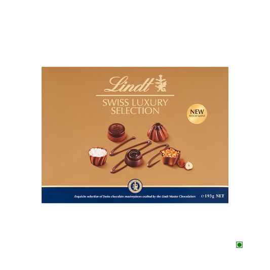 A luxurious box of Lindt Swiss Luxury Selection 193g chocolates, with the lid partially open to reveal an exquisite assortment of Lindt pralines inside. The packaging is gold and brown with a pristine white Lindt logo, making it a perfect chocolate gift.