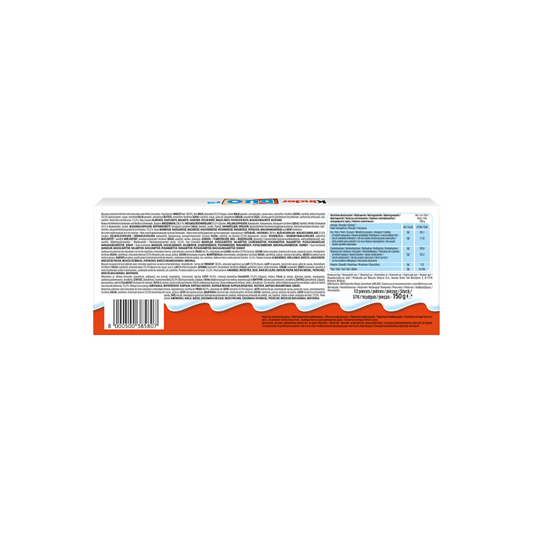 The back of a Kinder Duo T12 150g box features text descriptions, nutritional information, and a barcode, all highlighting the rich blend of Kinder milk chocolate.