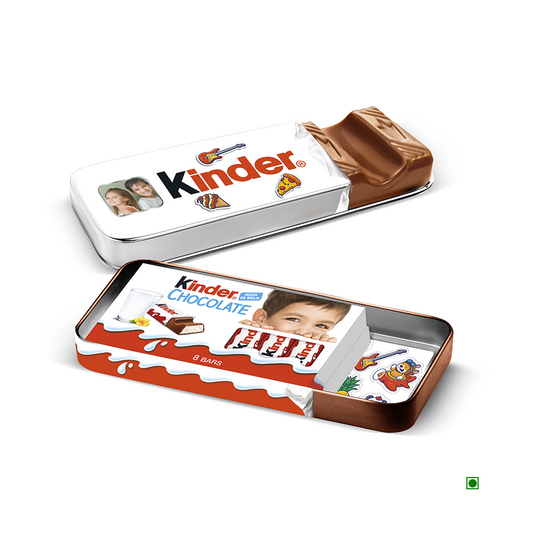 The Kinder Chocolate T(8x2)x12 Pencil Case 200g by Kinder is a rectangular tin with a removable lid, featuring playful designs and stickers, and includes an 8-bar chocolate pack plus small stickers inside.
