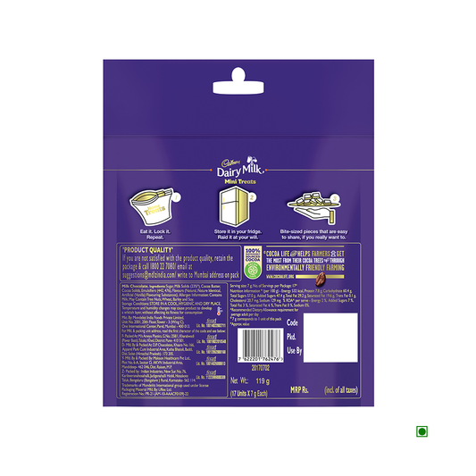 Back of a Cadbury Dairy Milk Home Treats Chocolate 119g pack by Cadbury, displaying product info, consumption instructions, nutritional facts, barcode, and customer care details on a signature purple background.