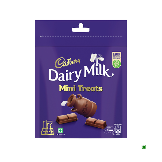 A purple packet of Cadbury Dairy Milk Home Treats Chocolate 119g features images of chocolate pieces and a milk jug—perfect as a delicious chocolate gift pack for any occasion.