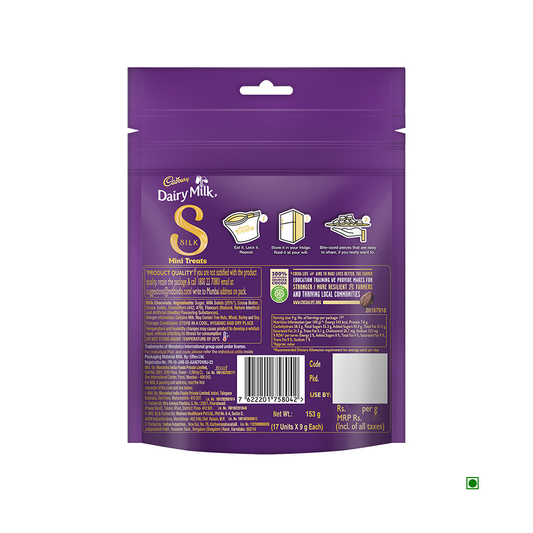 Back of a Cadbury Dairy Milk Silk Minis Home Treats Chocolate 153g package showcasing product details, nutritional information, storage instructions, and Cadbury branding on a rich purple background, emphasizing its milk chocolate made with sustainably sourced cocoa.