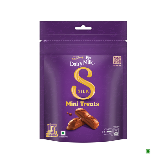 The purple package of Cadbury Dairy Milk Silk Minis Home Treats Chocolate 153g features an enticing image of decadent milk chocolate pieces. With 17 units inside, each treat is crafted using sustainably sourced cocoa for an indulgent experience you can feel good about.