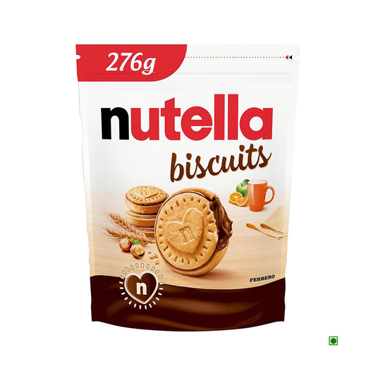 The Ferrero Nutella Biscuits T20x12 276g packaging features images of crunchy cookies filled with creamy Nutella, a small cup, wheat, and hazelnuts.