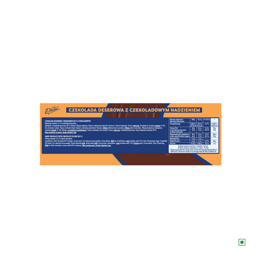 A label for Wedel Nadziana Dark Chocolate Bar 287g in Polish, featuring a nutrition table, ingredients list, "Made in Poland", and Wedel branding on an orange and blue background.