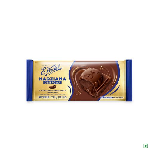 The Wedel Nadziana Dark Chocolate Bar 287g from Poland features blue and gold packaging with an image of a chocolate-filled piece on the front. Brand: Wedel.