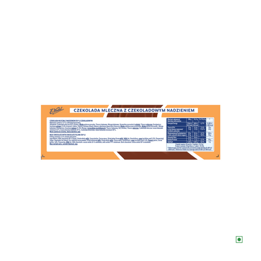 A Wedel Nadziana Milk Chocolate Bar 287g label from Poland in Polish, showing ingredients, nutritional info, and a small green symbol at the bottom right on a white background.