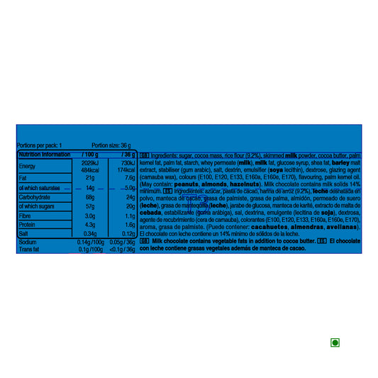 An M&M's Crispy Single 36g food label shows nutritional info and ingredients in English and another language, highlighting milk and cereal content, with France as the country of origin.