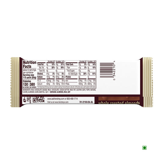 The back of the Hershey's Milk Chocolate With Almond Bar 73g wrapper showcases nutritional facts and ingredients, highlighting its USA origin. A barcode and contact details are also conveniently visible.