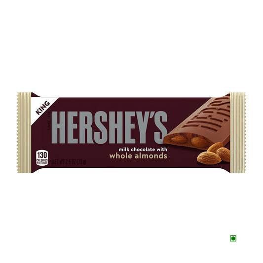A king-sized 73g Hershey's Milk Chocolate with Almond Bar, made in the USA, comes in a brown and white wrapper and contains 130 calories per serving.