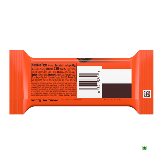 The back of the Hershey's Reeses Peanut Butter Crispy Wafer Sticks 42g wrapper, showcasing its nutrition facts and ingredients, states 'USA' as the country of origin.