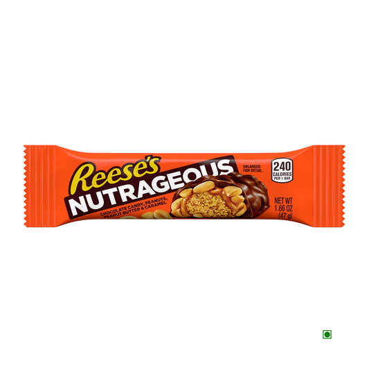 The Hershey's Nutrageous Peanut Butter Bar, a delicious blend of chocolate, caramel, peanuts, and peanut butter, is made in the USA. Each 47g bar contains 240 calories.