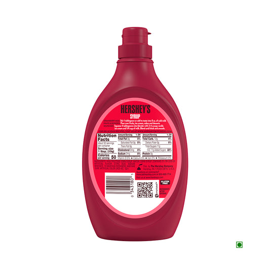 A red Hershey's Strawberry Syrup Bottle, made in the USA, showcases nutritional info and a barcode on its back label.