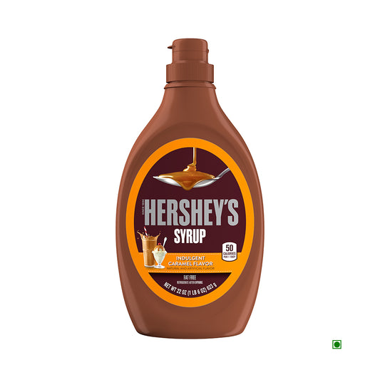 A 623g bottle of Hershey's Caramel Syrup, made in the USA, showcases a spoon pouring caramel on its label.