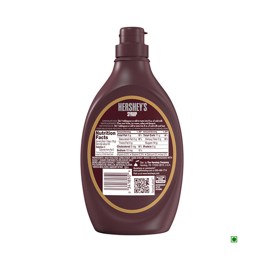Back view of a Hershey's Special Dark Chocolate Syrup Bottle (623g), showing nutrition facts, ingredients, and product details; made in the USA.