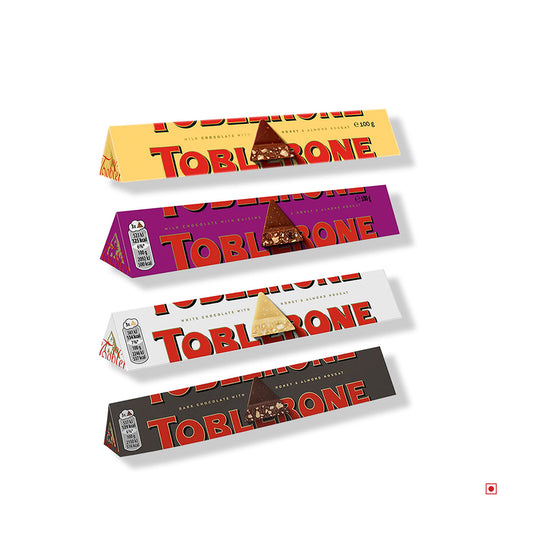 The Toblerone Assorted Combo Pack features four vertically arranged 100g chocolate bars in honey and almond nougat, dark, white, and crunchy salted caramel flavors on a white background.