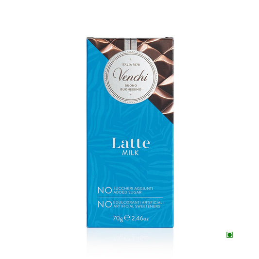 A 70g Venchi Latte Milk No Added Sugar Bar in a blue wrapper with a circular logo, indicating no added sugar or artificial sweeteners.