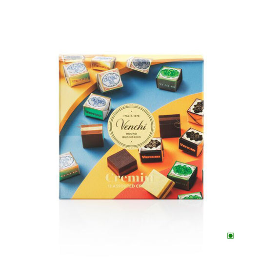 The Venchi Murrine Cremini Gift Box 127g includes the Italian classics Cremino and Cremino Pistachio, with assorted wrapped pieces showcased on a vibrant background.