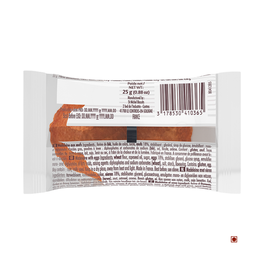 Back view of a St. Michel Madeleine 25g pack displays a partial red-orange madeleine, nutritional info, barcode, and ingredients list against a white background.