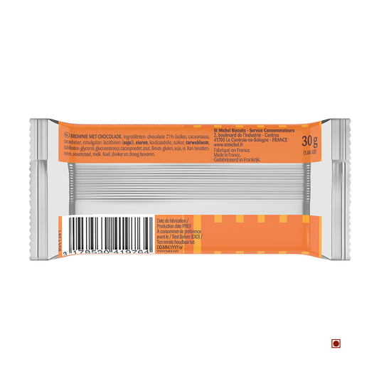 The back of a St. Michel Chocolate Brownies 30g snack bar with an orange label displays ingredients, nutrition facts, barcode, manufacturer info, and Country of Origin: France. Brand Name: St. Michel.