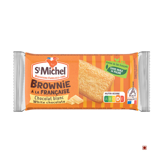 A packaged St. Michel White Chocolate Brownies 30g by St. Michel, with nutrition and Country of Origin labels, is shown on an orange background.