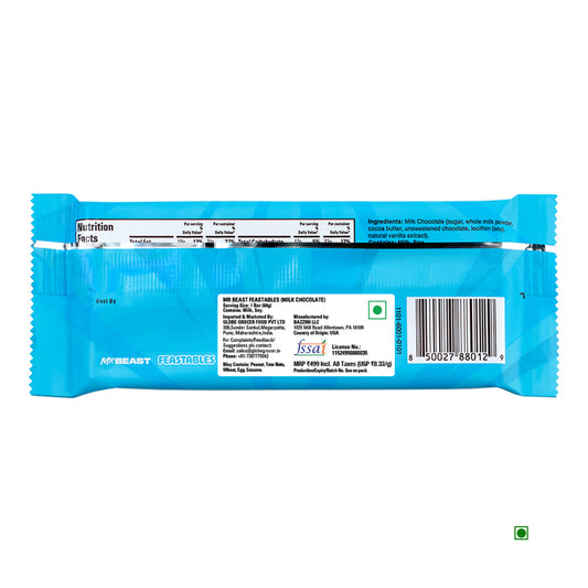Back view of a blue Mr.Beast Feastables Milk Chocolate 60g wrapper by Mr.Beast, displaying nutrition facts, ingredients, barcode, product info, and Country of Origin.