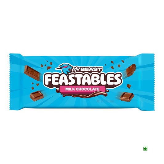 A blue wrapper of Mr.Beast Feastables Milk Chocolate 60g, featuring chocolate pieces and crumbs near the logo, emphasizes its delicious taste and displays the Country of Origin on the packaging.