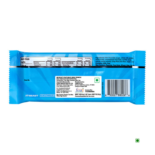 Back of a blue Mr.Beast Feastables Milk Crunch 60g bar showing nutrition facts, ingredients, barcode, Country of Origin: USA, and packaging details on a white background. Brand Name: Mr.Beast.