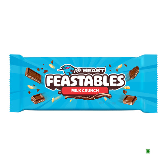 A blue wrapper of Mr.Beast Feastables Milk Crunch 60g chocolate bar displays chocolate squares and crunchy pieces with the product name; brand: Mr.Beast, made in the USA.