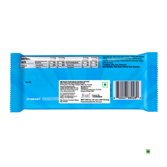 Back view of a blue Mr.Beast Feastables Peanut Butter 60g chocolate bar wrapper displaying nutrition facts, ingredients list, product details, and Country of Origin: USA.