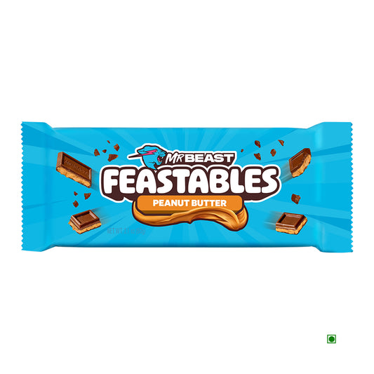 The Mr.Beast Feastables Peanut Butter 60g chocolate bar comes in a blue wrapper with images of chocolate pieces and a peanut butter swirl on the front. Made in the USA by Mr.Beast.
