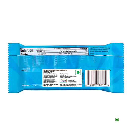 Back of a Mr.Beast Feastables Milk Chocolate 35g wrapper showing nutrition facts, ingredients, barcode, FSSAI logo, manufacturing info, and Country of Origin: USA.