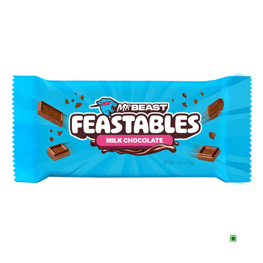 A blue wrapper of Mr.Beast Feastables Milk Chocolate 35g bar displays chocolate pieces around the product name. Made in the USA, this Mr.Beast treat ensures quality and a delicious taste.