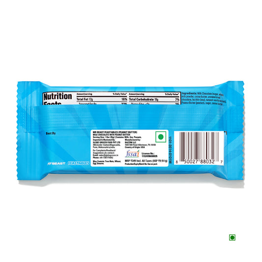 Back view of Mr.Beast Feastables Peanut Butter 35g blue wrapper displays nutrition facts, ingredients, barcode, manufacturer details, regulatory symbols, and Country of Origin: USA. Brand: Mr.Beast.