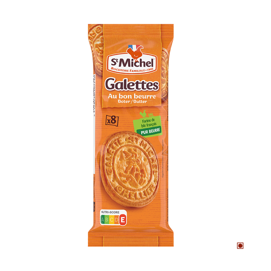 A package of St. Michel Butter Biscuit 51g from St. Michel, with round butter biscuits pictured on an orange background, French text, and a Nutri-Score label.