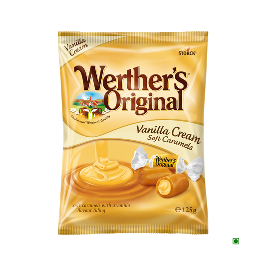 Werthers Soft Vanilla Cream Caramel 125g offers a delicious caramel treat, featuring soft caramels with creamy vanilla filling. The packaging displays inviting images of caramel and vanilla cream.