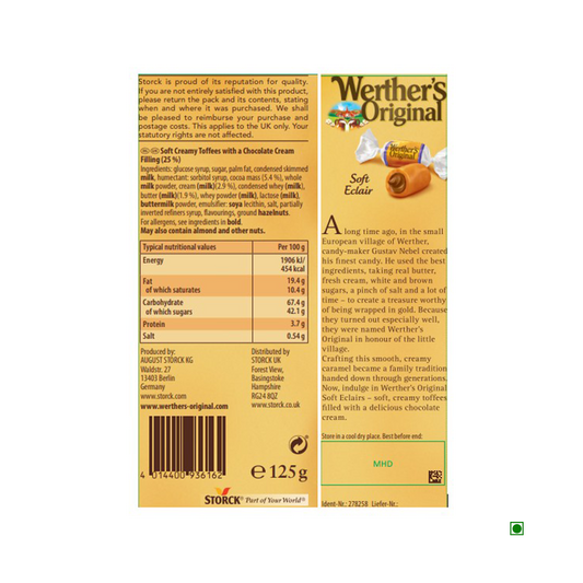 Back of a Werthers Original Soft Eclair 125g box with product description, ingredients, nutrition info, barcode, and company details for these creamy toffees with chocolate cream filling. Brand: Werthers.