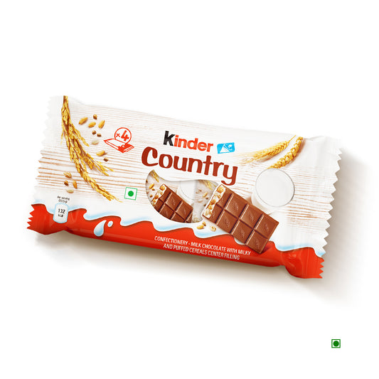 A Kinder Country Milk Chocolate T4 94g bar by Kinder, shown in its packaging with images of wheat, milk, and a chocolate piece revealing its milky filling and crunchy cereals inside the milk chocolate coating.