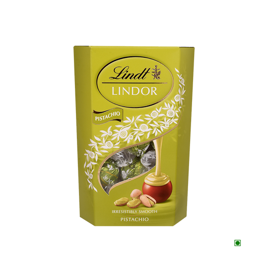 Lindt Lindor Pistachio 200g comes in green packaging decorated with pistachio images and luscious Swiss chocolate.