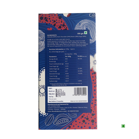 Back of The Whisketiers Almond Dark Chocolate 100g bar by Whisketiers, showing roasted almonds, ingredients list, nutrition facts, storage guidelines, manufacturing details, and a green vegetarian symbol.