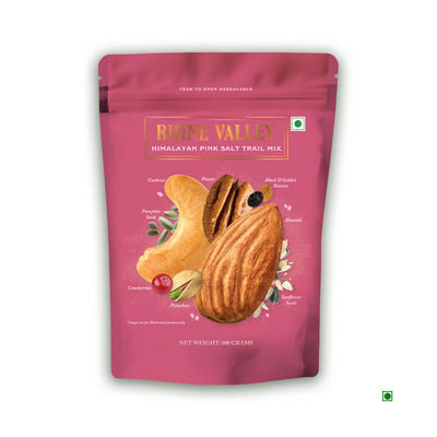 A Rhine Valley Himalayan Pink Salt Trail Mix 100g bag with a picture of almonds.