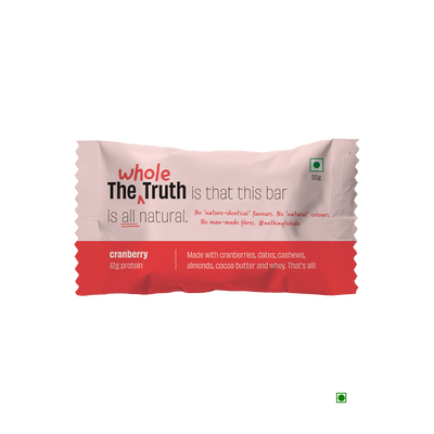 The Whole Truth Cranberry Protein Bar 55g with roasted almonds and cranberries.