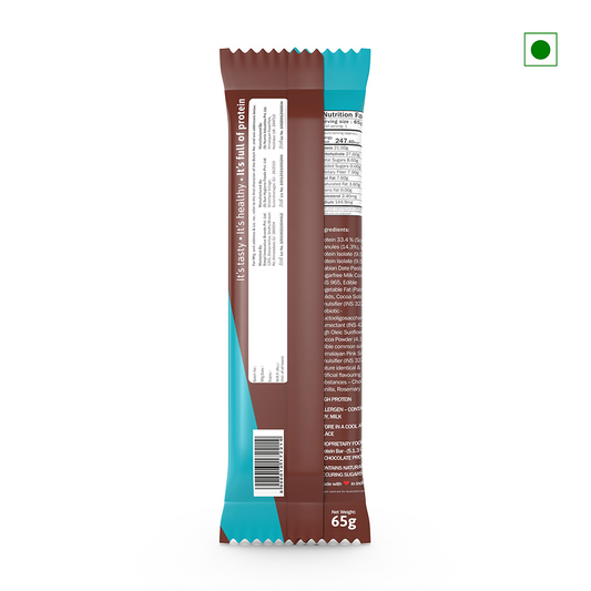 The Phab Protein Bar Chocolate Brownie 65g package features a harmonious blend of brown and teal colors displaying nutritional information and a barcode. A green square symbol in the top right corner subtly indicates its origin as India.