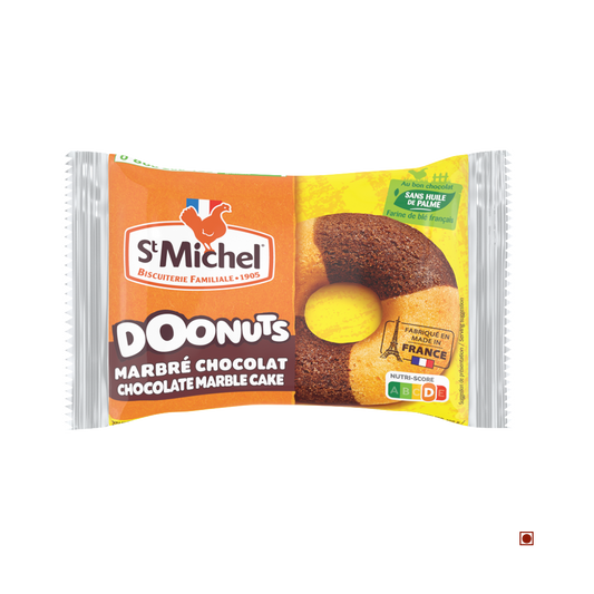 A packaged St. Michel French Doonuts Chocolate Marble 30G donut, featuring French and English text, a nutrition label, and a "made in France" badge on the wrapper.