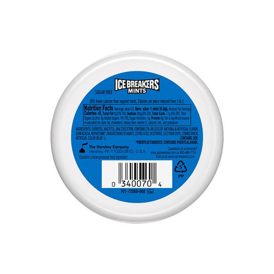 A container of Ice Breakers Coolmint 42g from the Ice Breakers brand features a blue label with nutritional information, ingredients, and a barcode. The label indicates that the mints are sugar-free and contain refreshing cooling crystals for a powerful minty flavor.
