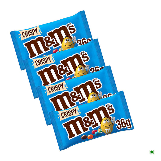 A set of blue packs with text and a cartoon character, featuring M&M's Crispy Single (Pack of 4) 144g—crunchy candy shell and smooth milk chocolate from M&M's.
