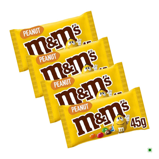 Four packs of M&M's Peanut Single 45g each (total 180g), by M&M's, arranged in a staggered stack with roasted peanuts inside every colorful shell.