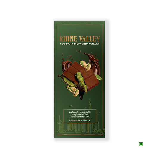 WINDSOR CHOCOLATIER's Rhine Valley 70% Dark Kunafa 100gm chocolate bar packaging displays chocolate pieces, pistachios, and green filling on a deep dark green background.