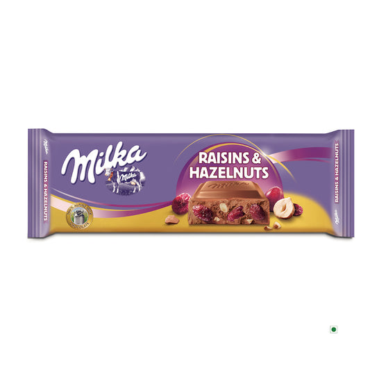 Milka Raisins and Hazelnuts Bar 270g, wrapped in a stylish purple and brown packaging.