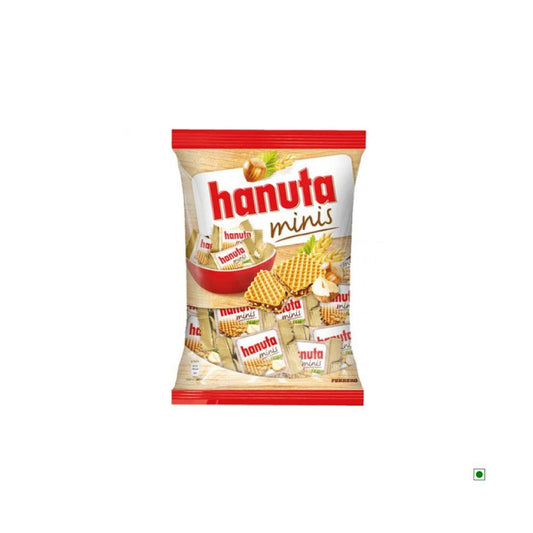 A pack of Ferrero's Mini Hanuta T19 200g hazelnut chocolate wafers, made in Germany, is displayed against a white background.